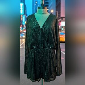 Lulu's Party 'til Morning Sparkling Emerald Green Long Sleeve Romper, Size XL